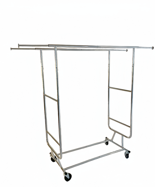 Wisdomfur Double Bars Garment Rack with Wheels, Heavy Duty Garment Rack for Hanging Clothes, Chrome, Standard Rolling Garment Rack with Wheels - Chrome